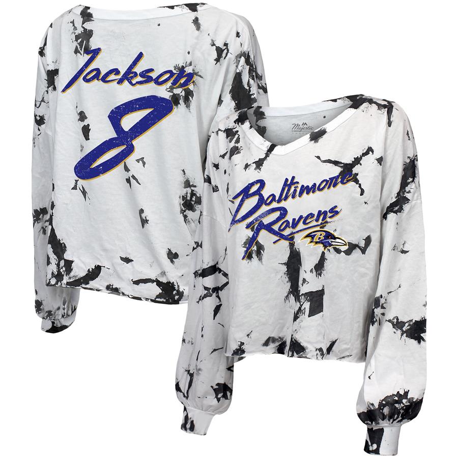 Lamar Jackson Baltimore Ravens Majestic Threads Women's Off-Shoulder Tie-Dye Name & Number Long Sleeve V-Neck T-Shirt - White