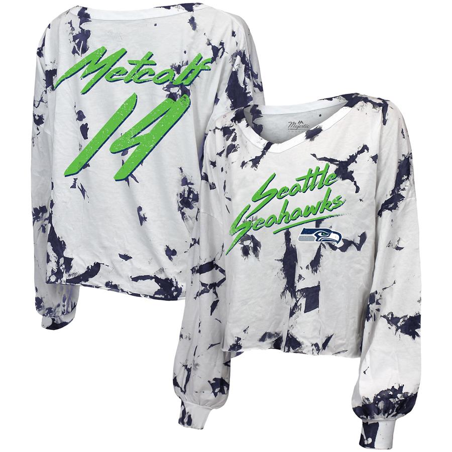 DK Metcalf Seattle Seahawks Women's Off-Shoulder Tie-Dye Name & Number Long Sleeve V-Neck T-Shirt - White