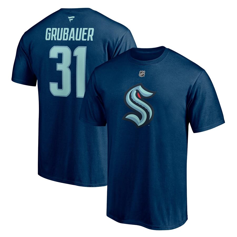 Philipp Grubauer Seattle Kraken Fanatics Branded Authentic Stack Name & Number T-Shirt - Deep Sea Blue