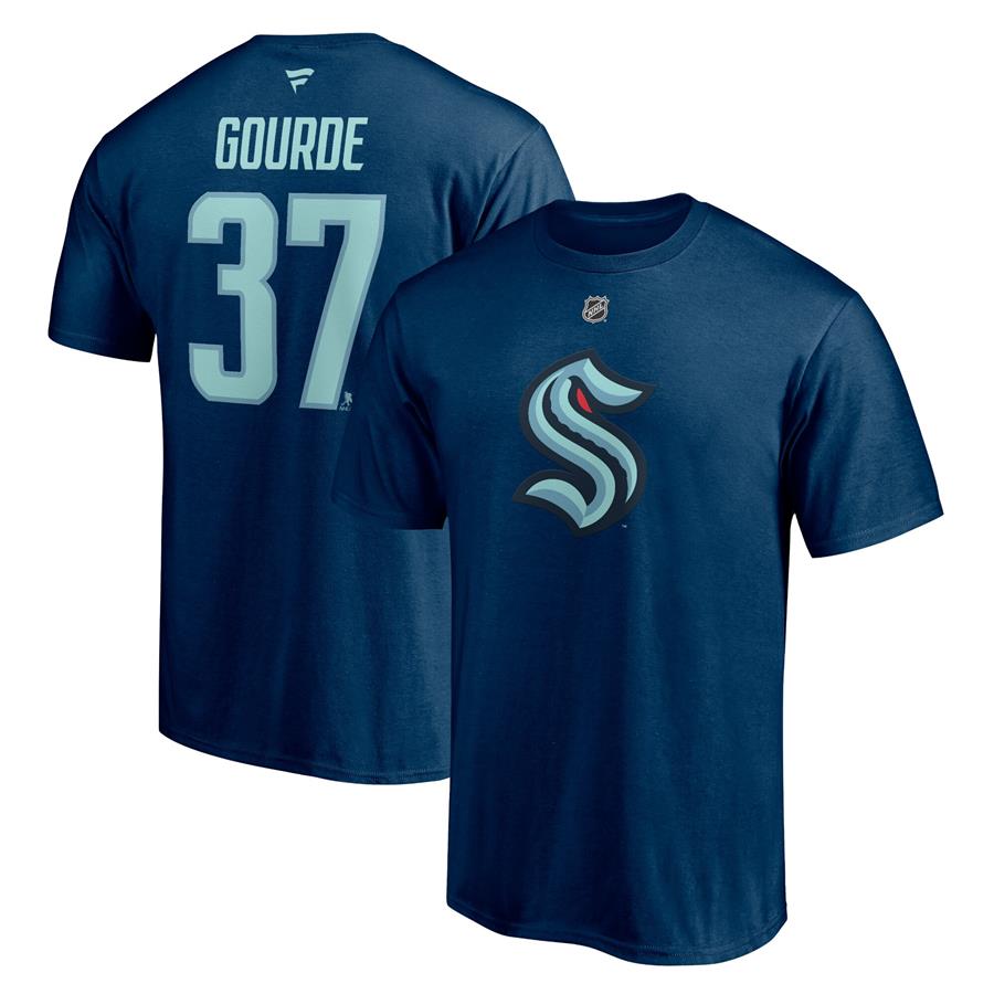 Yanni Gourde Seattle Kraken Fanatics Branded Authentic Stack Name & Number T-Shirt - Deep Sea Blue