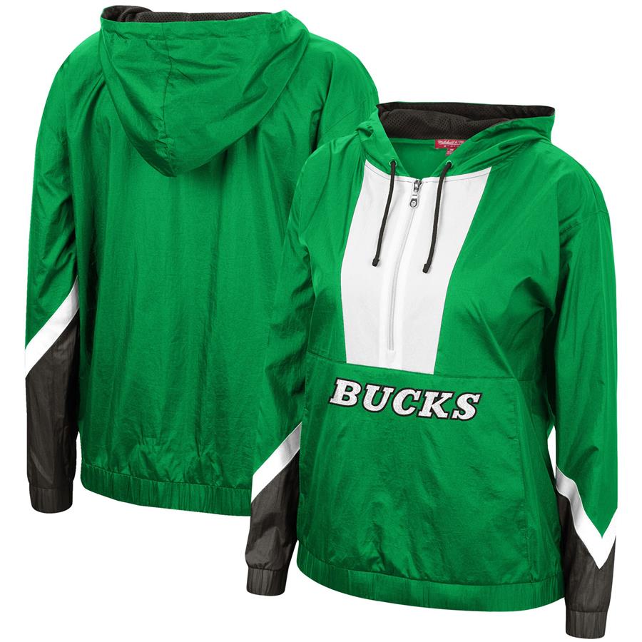 Milwaukee Bucks Mitchell & Ness Women's Half-Zip Windbreaker 2.0 Hoodie - Green
