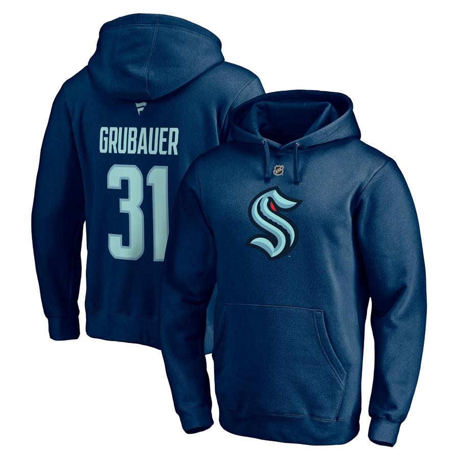 Philipp Grubauer Seattle Kraken Fanatics Branded Authentic Stack Name & Number Pullover Hoodie - Deep Sea Blue