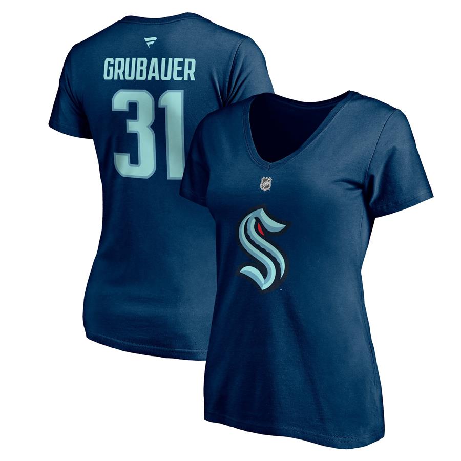 Philipp Grubauer Seattle Kraken Fanatics Branded Women's Authentic Stack Name & Number V-Neck T-Shirt - Deep Sea Blue