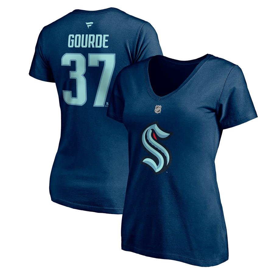 Yanni Gourde Seattle Kraken Fanatics Branded Women's Authentic Stack Name & Number V-Neck T-Shirt - Deep Sea Blue