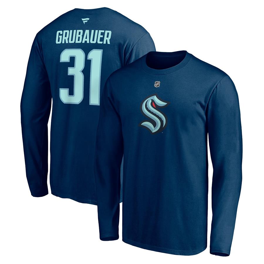 Philipp Grubauer Seattle Kraken Fanatics Branded Authentic Stack Name & Number Long Sleeve T-Shirt - Deep Sea Blue