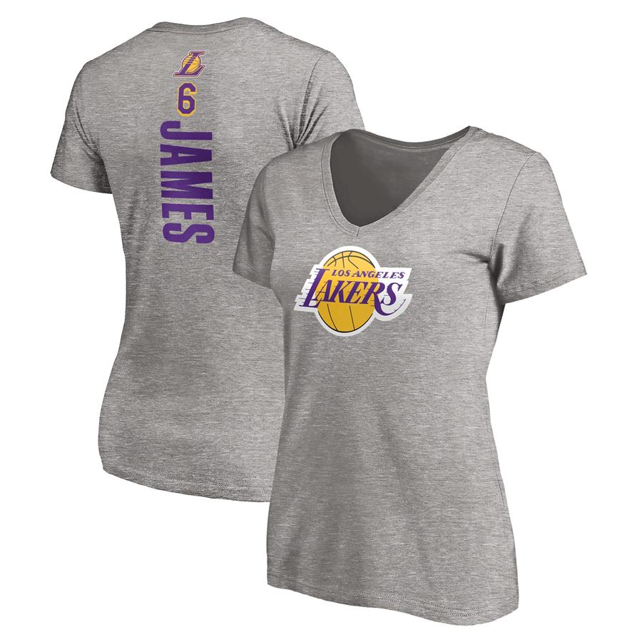 LeBron James Los Angeles Lakers Fanatics Branded Women's #6 Playmaker Name & Number V-Neck T-Shirt - Heathered Gray