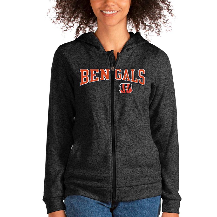 Cincinnati Bengals Antigua Women's Wordmark Absolute Full-Zip Hoodie - Heathered Black