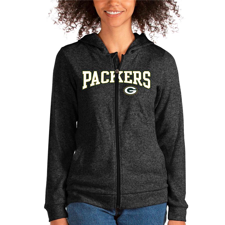 Green Bay Packers Antigua Women's Wordmark Absolute Full-Zip Hoodie - Heathered Black