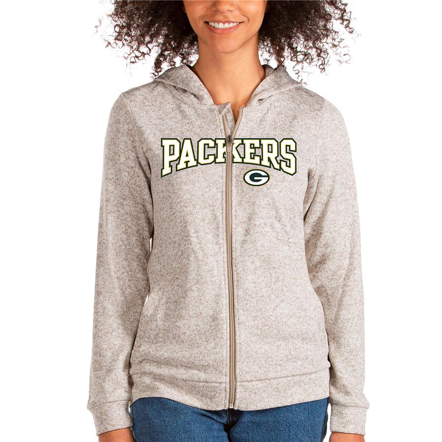 Green Bay Packers Antigua Women's Wordmark Absolute Full-Zip Hoodie - Oatmeal