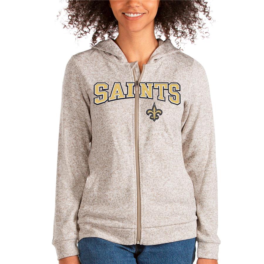 New Orleans Saints Antigua Women's Wordmark Absolute Full-Zip Hoodie - Oatmeal