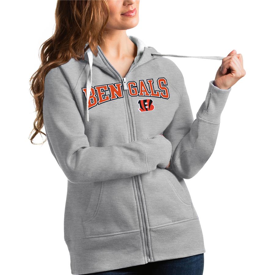 Cincinnati Bengals Antigua Women's Wordmark Victory Full-Zip Hoodie - Heathered Gray