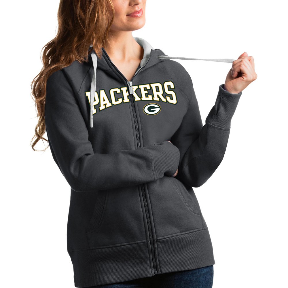 Green Bay Packers Antigua Women's Wordmark Victory Full-Zip Hoodie - Charcoal