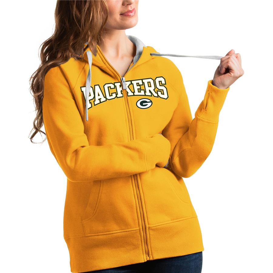 Green Bay Packers Antigua Women's Wordmark Victory Full-Zip Hoodie - Gold
