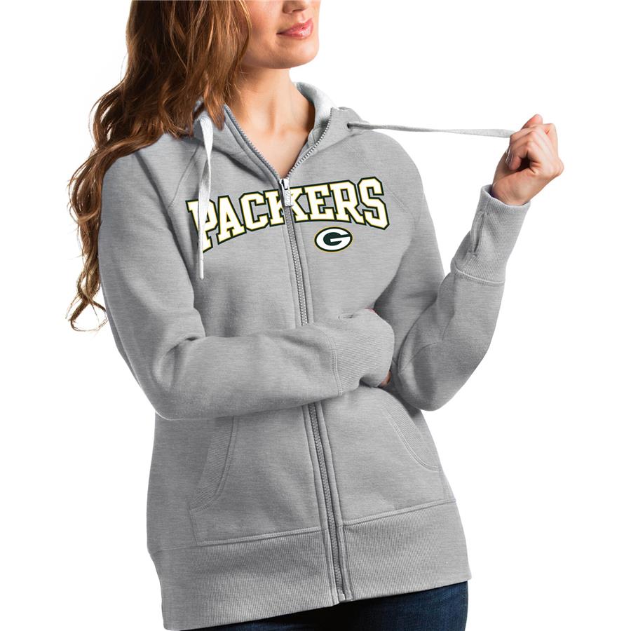 Green Bay Packers Antigua Women's Wordmark Victory Full-Zip Hoodie - Heathered Gray