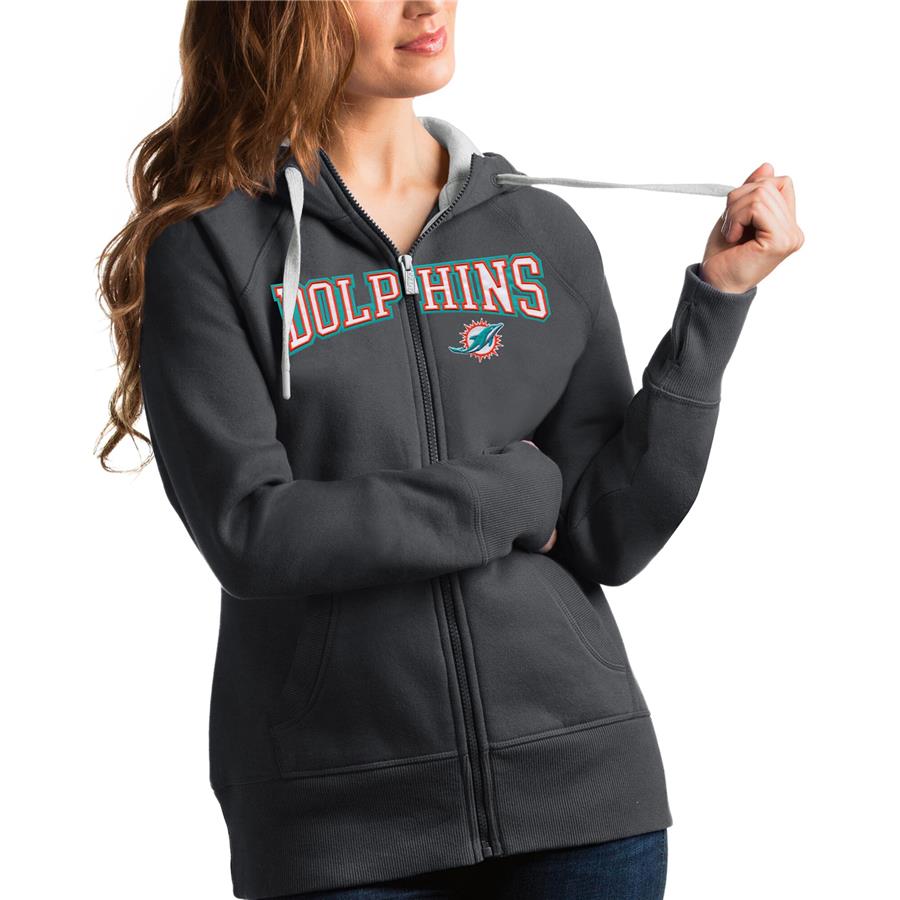 Miami Dolphins Antigua Women's Wordmark Victory Full-Zip Hoodie - Charcoal