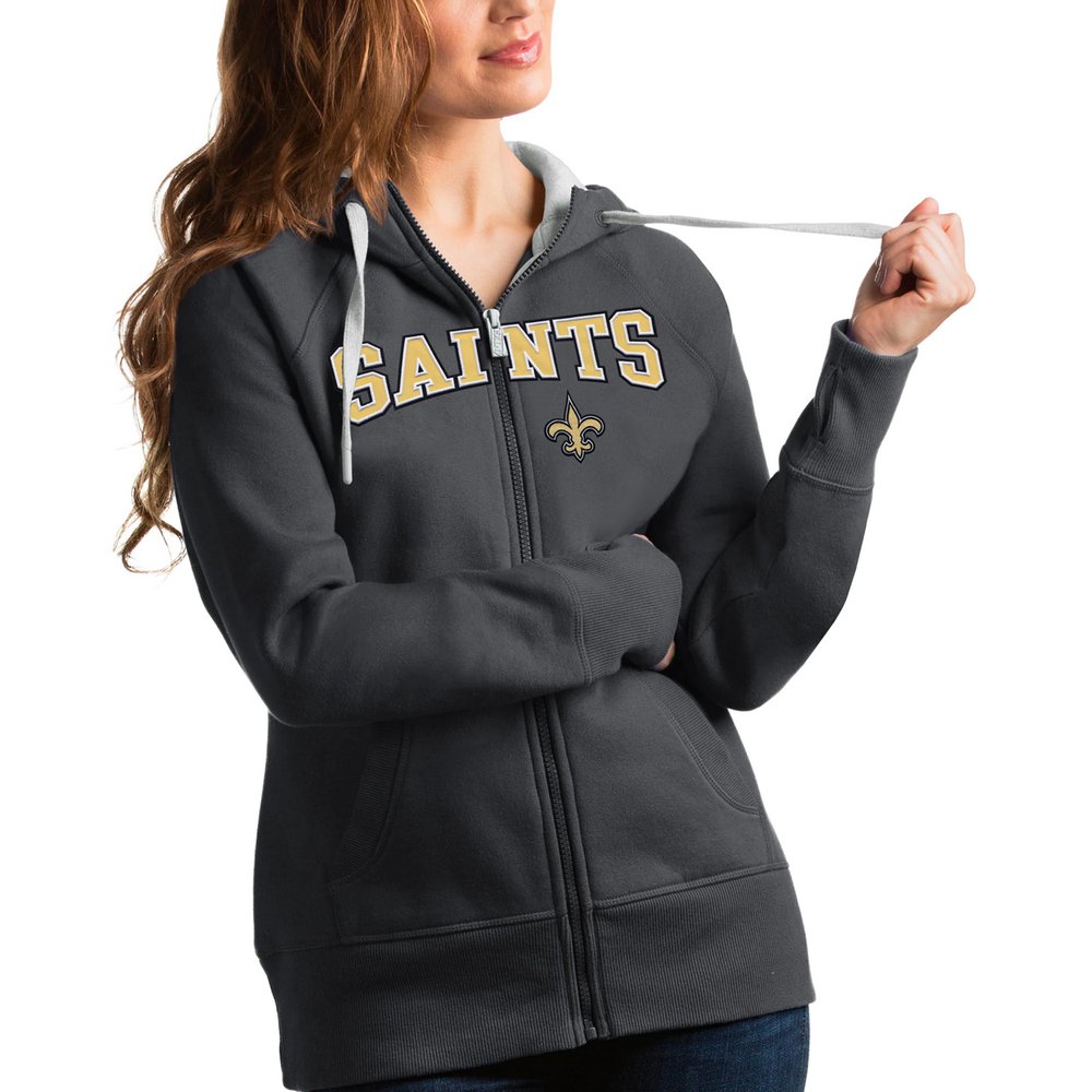 New Orleans Saints Antigua Women's Wordmark Victory Full-Zip Hoodie - Charcoal