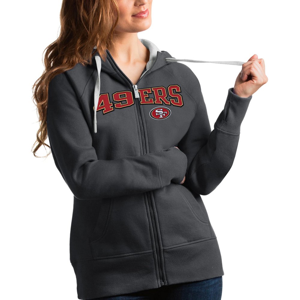 San Francisco 49ers Antigua Women's Wordmark Victory Full-Zip Hoodie - Charcoal