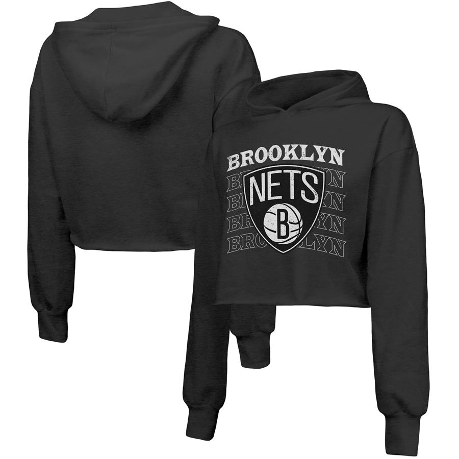 Brooklyn Nets Majestic Threads Women's Repeat Cropped Tri-Blend Pullover Hoodie - Black