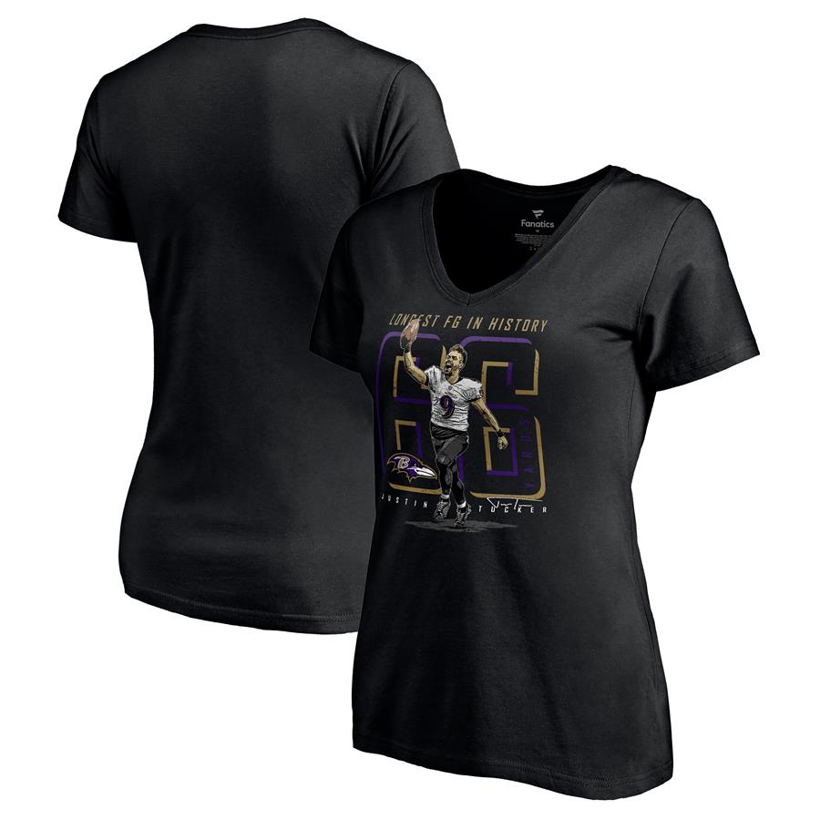 Justin Tucker Baltimore Ravens Fanatics Branded Women's Longest Field Goal V-Neck T-Shirt - Black