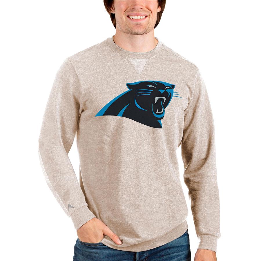 Carolina Panthers Antigua Team Reward Crewneck Pullover Sweatshirt - Oatmeal