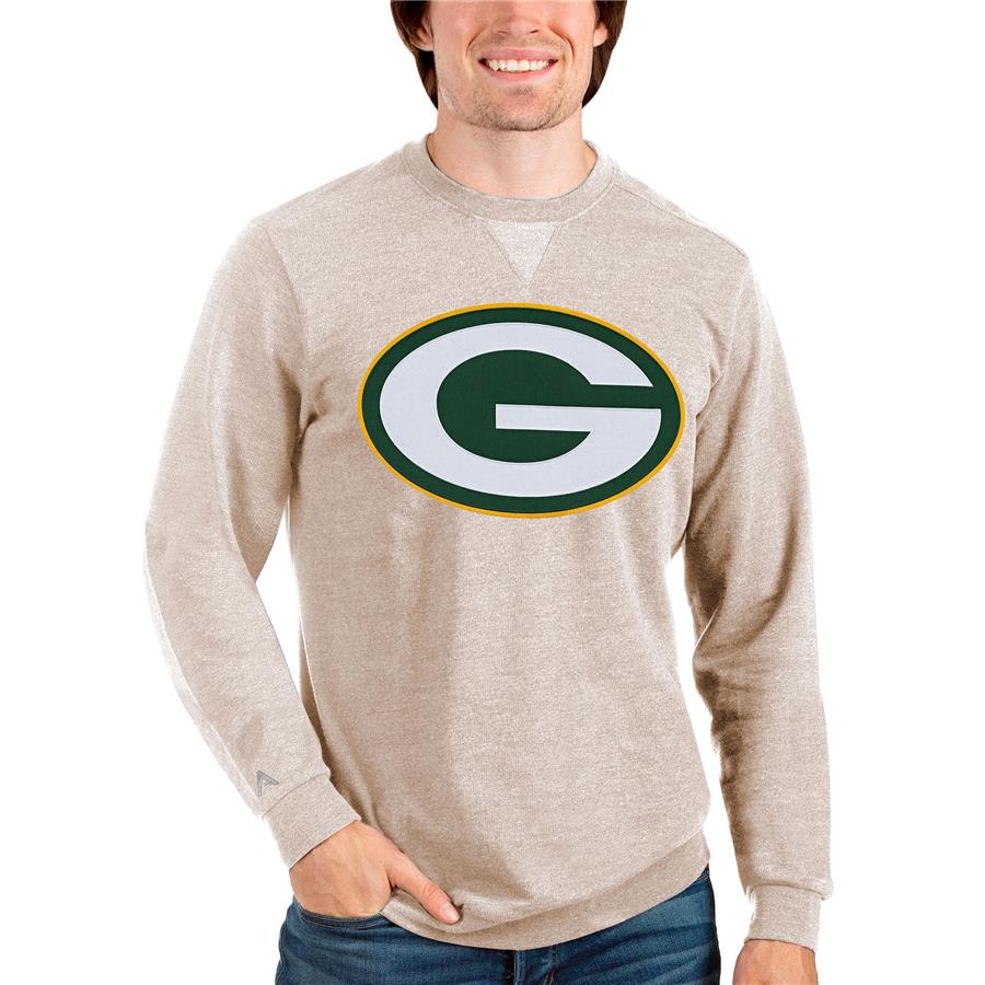 Green Bay Packers Antigua Team Reward Crewneck Pullover Sweatshirt - Oatmeal