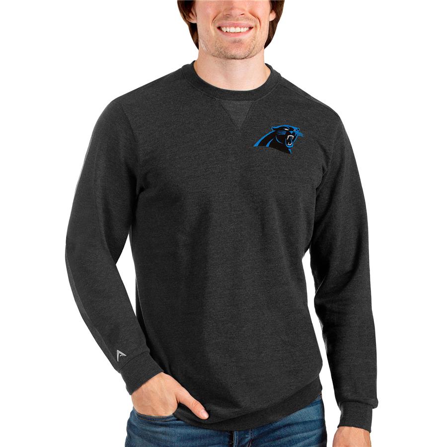 Carolina Panthers Antigua Reward Crewneck Pullover Sweatshirt - Heathered Black