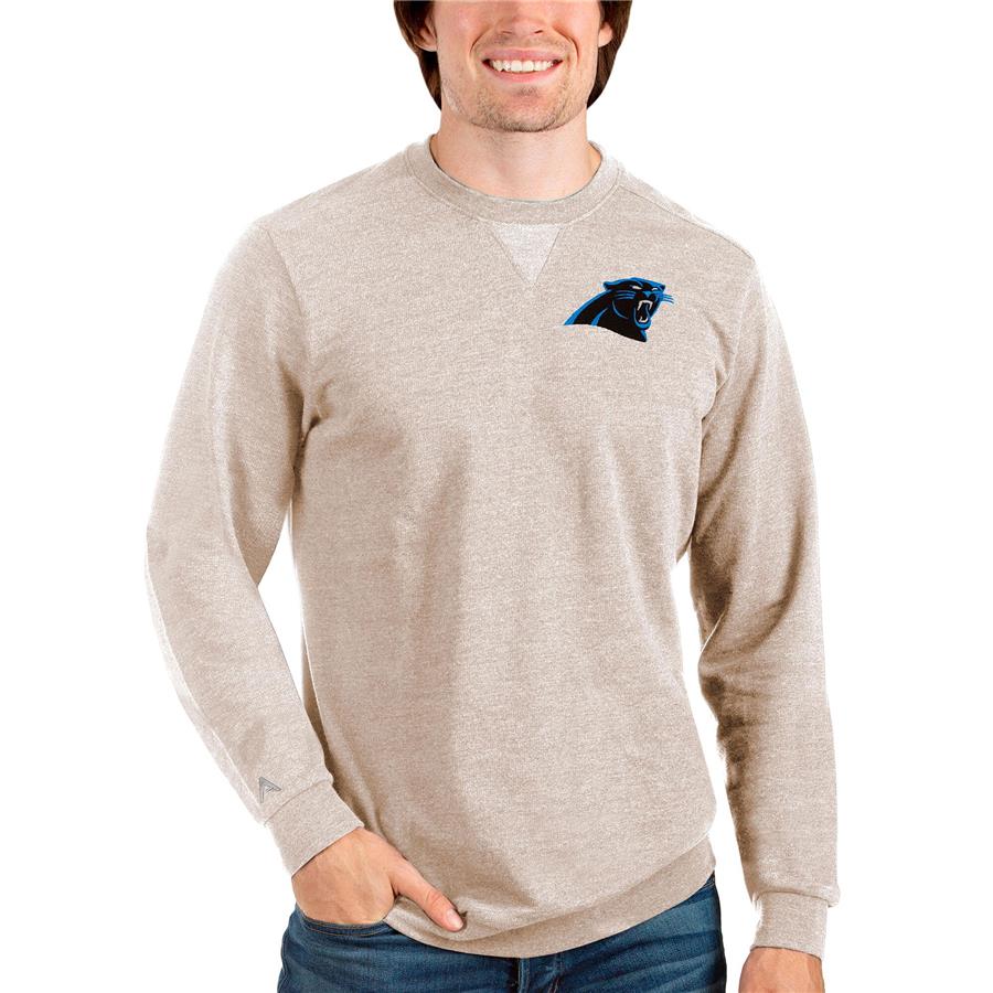 Carolina Panthers Antigua Reward Crewneck Pullover Sweatshirt - Oatmeal