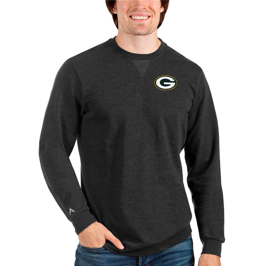 Green Bay Packers Antigua Reward Crewneck Pullover Sweatshirt - Heathered Black