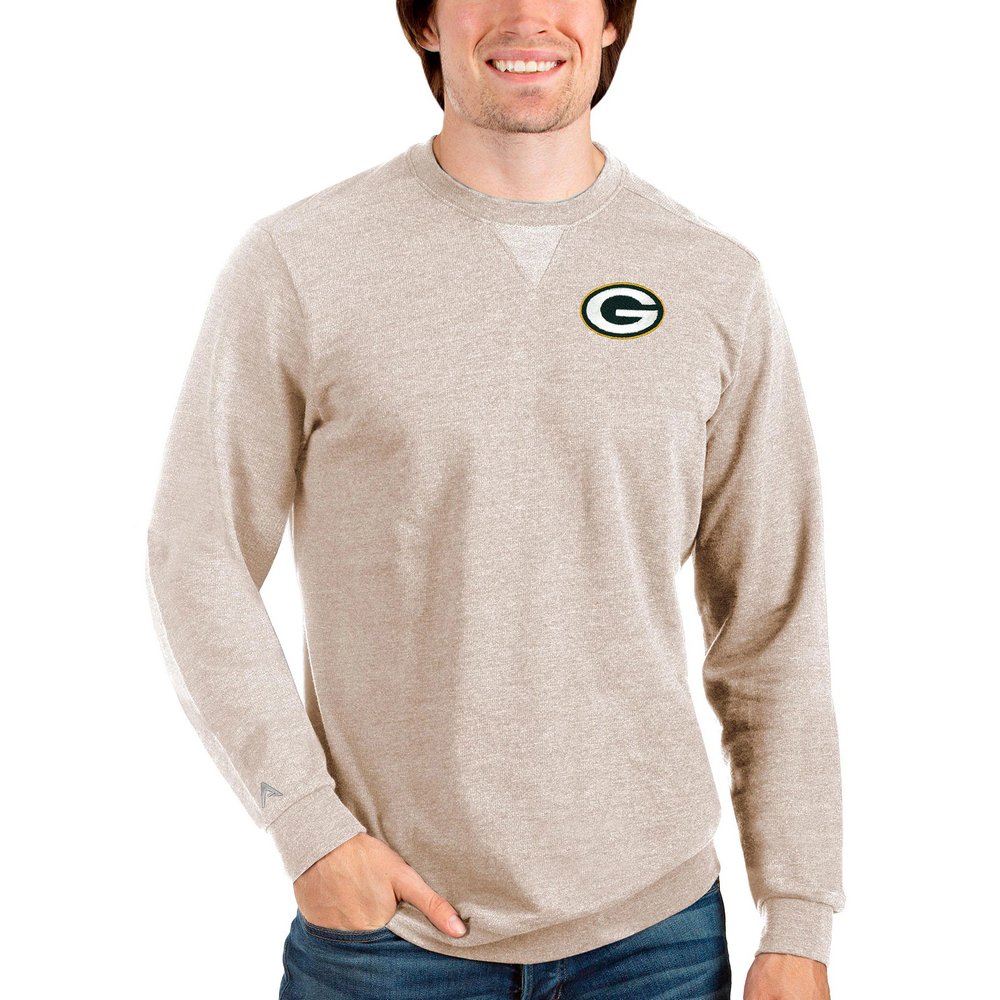 Green Bay Packers Antigua Reward Crewneck Pullover Sweatshirt - Oatmeal