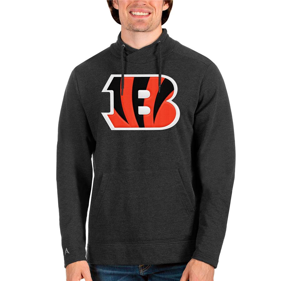 Cincinnati Bengals Antigua Team Reward Crossover Neckline Pullover Sweatshirt - Heathered Black
