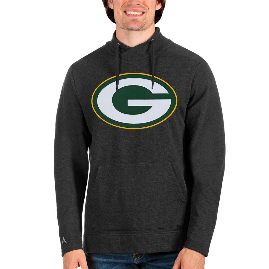 Green Bay Packers Antigua Team Reward Crossover Neckline Pullover Sweatshirt - Heathered Black