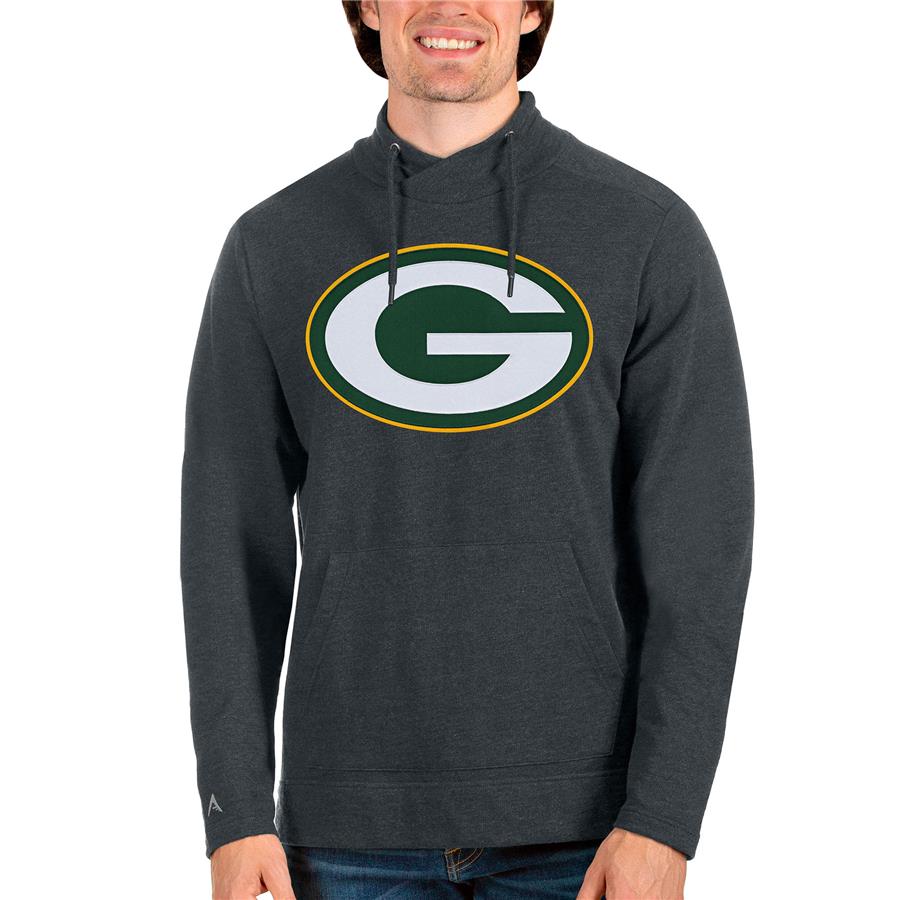 Green Bay Packers Antigua Team Reward Crossover Neckline Pullover Sweatshirt - Heathered Charcoal
