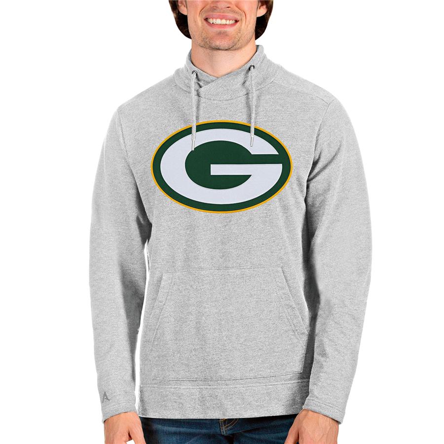 Green Bay Packers Antigua Team Reward Crossover Neckline Pullover Sweatshirt - Heathered Gray