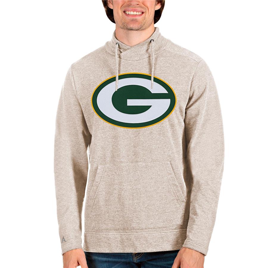 Green Bay Packers Antigua Team Reward Crossover Neckline Pullover Sweatshirt - Oatmeal