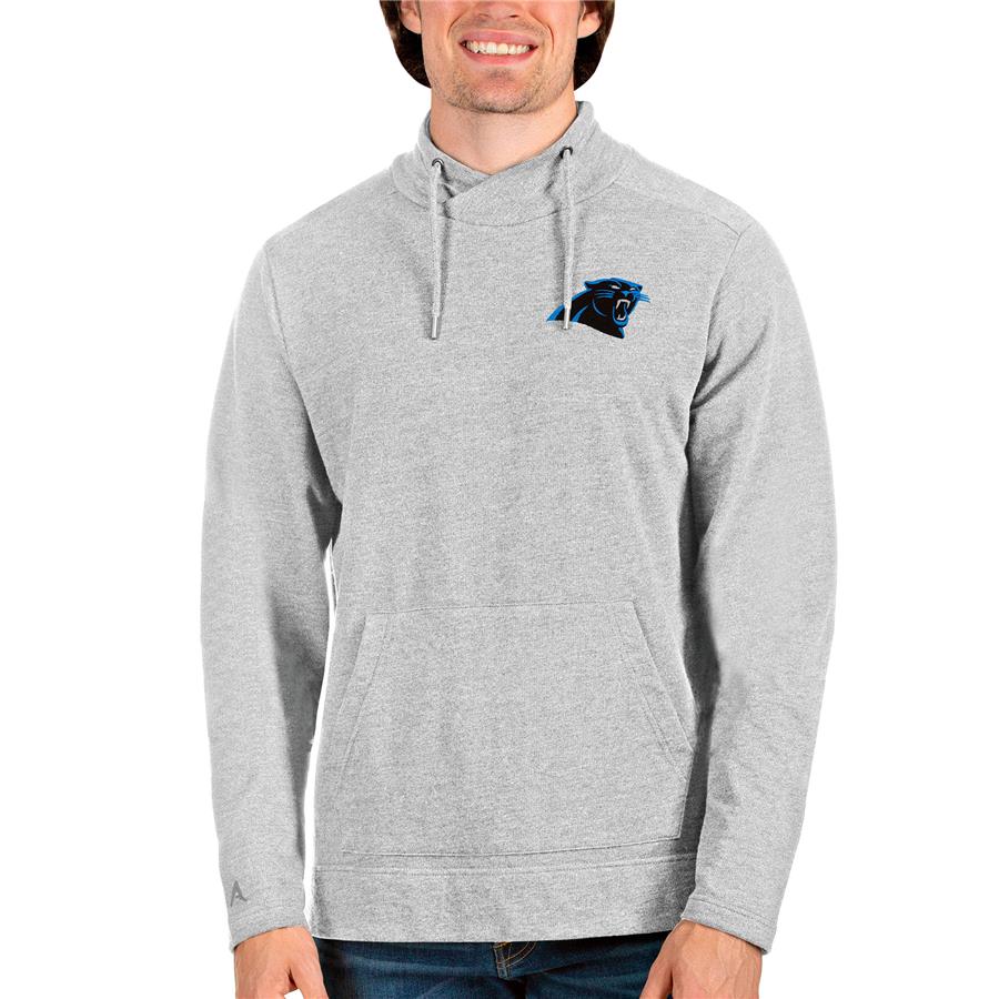 Carolina Panthers Antigua Reward Crossover Neckline Pullover Sweatshirt - Heathered Gray