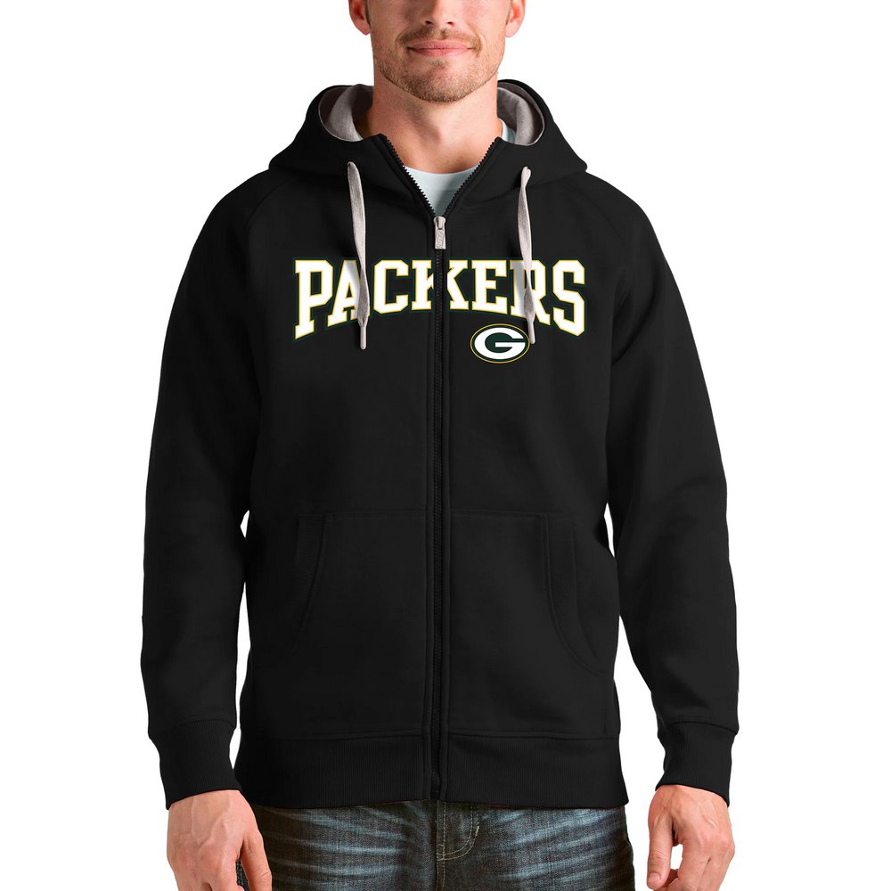 Green Bay Packers Antigua Wordmark Victory Full-Zip Hoodie - Black