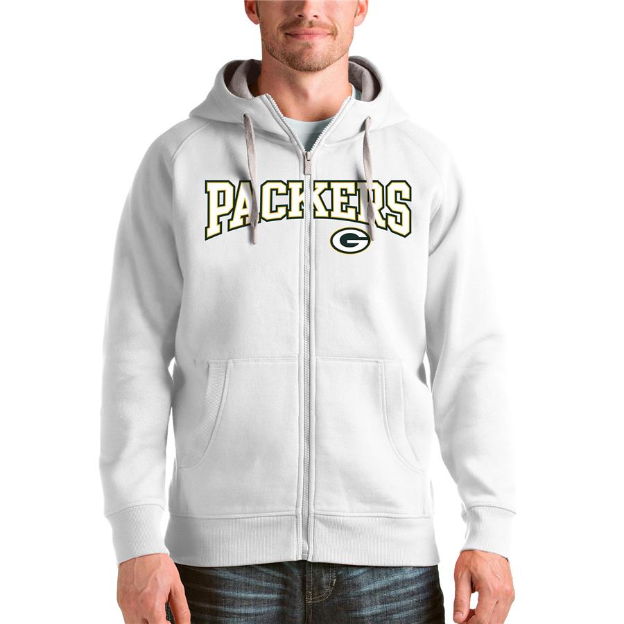 Green Bay Packers Antigua Wordmark Victory Full-Zip Hoodie - White