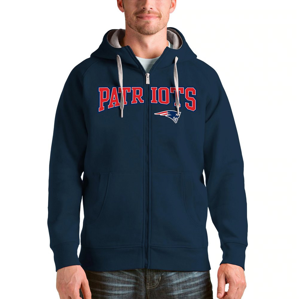New England Patriots Antigua Wordmark Victory Full-Zip Hoodie - Navy