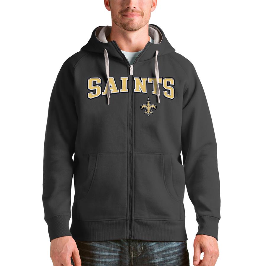 New Orleans Saints Antigua Wordmark Victory Full-Zip Hoodie - Charcoal