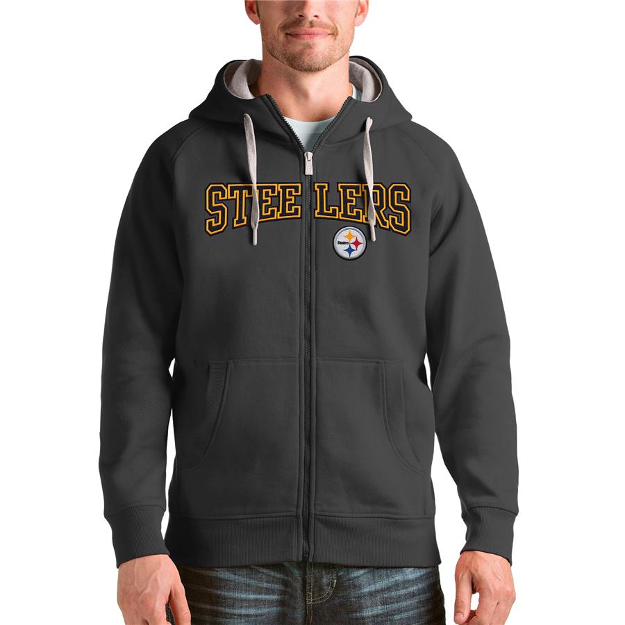Pittsburgh Steelers Antigua Wordmark Victory Full-Zip Hoodie - Charcoal