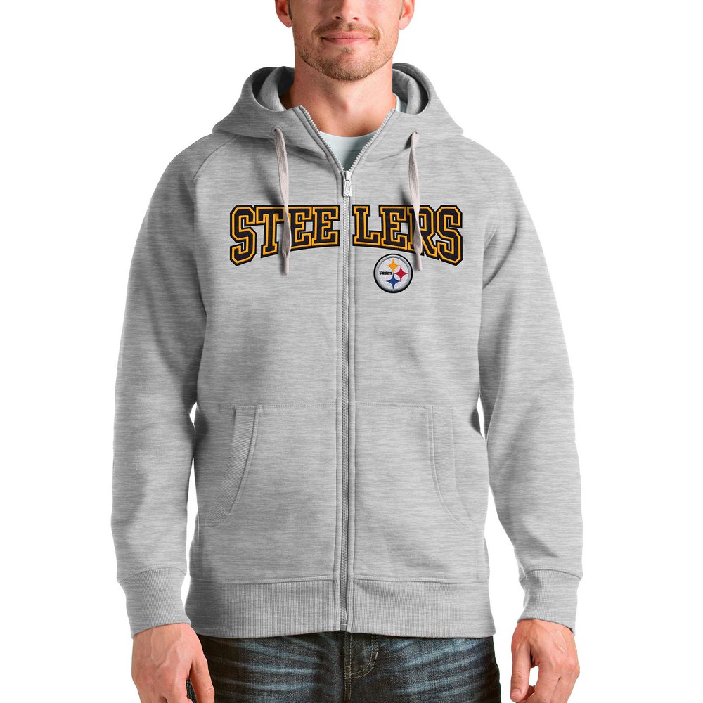Pittsburgh Steelers Antigua Wordmark Victory Full-Zip Hoodie - Heathered Gray