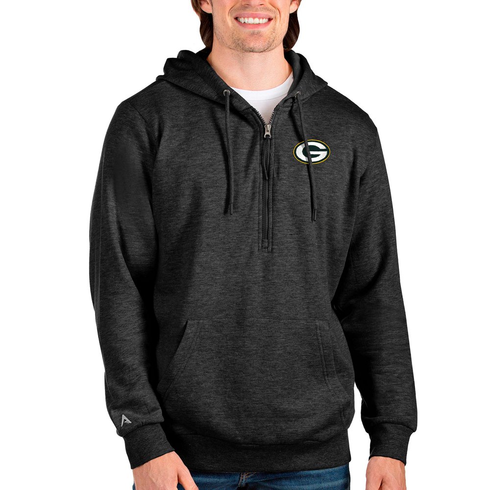 Green Bay Packers Antigua Action Quarter-Zip Pullover Hoodie - Heathered Black