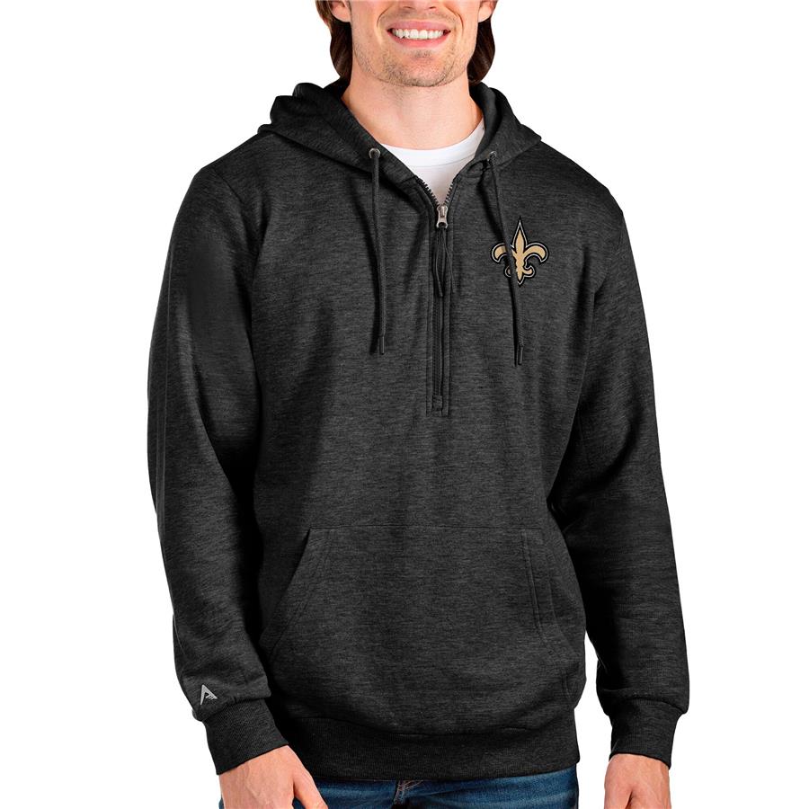 New Orleans Saints Antigua Action Quarter-Zip Pullover Hoodie - Heathered Black