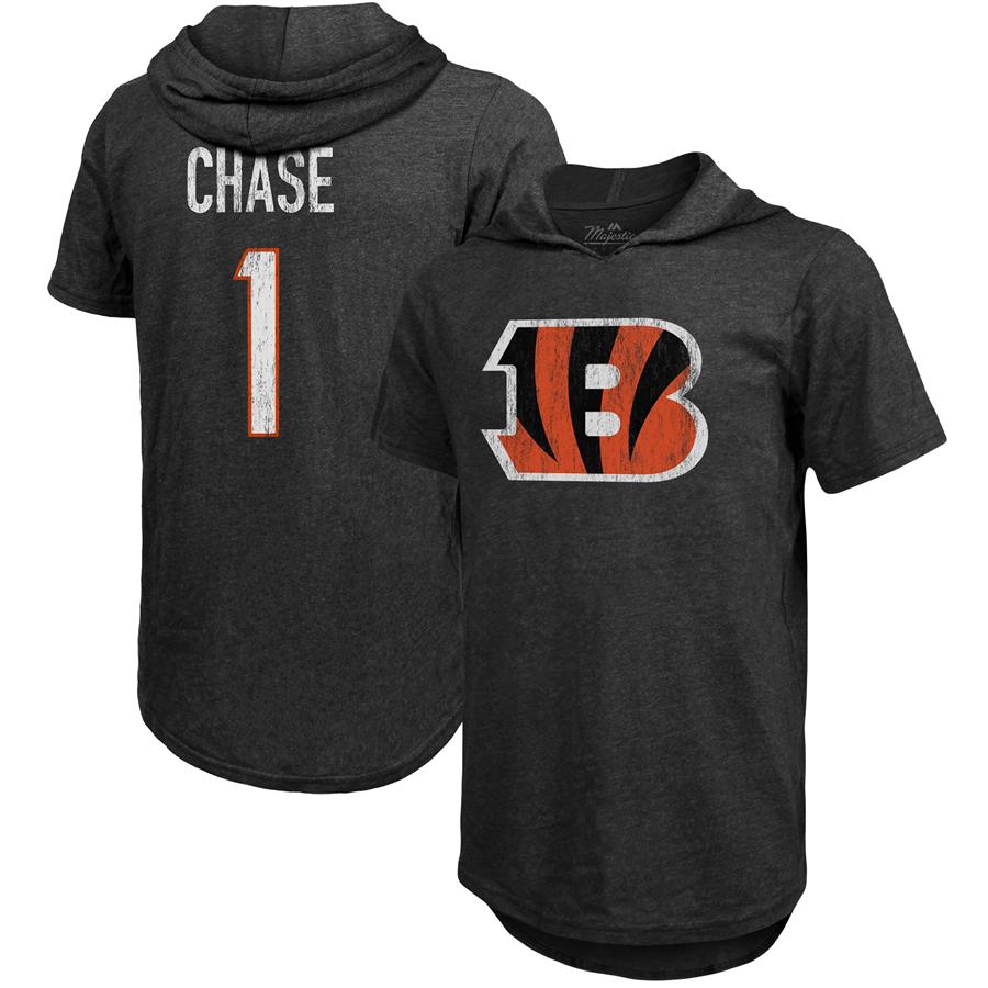 Ja'Marr Chase Cincinnati Bengals Majestic Threads Player Name & Number Tri-Blend Hoodie T-Shirt - Black
