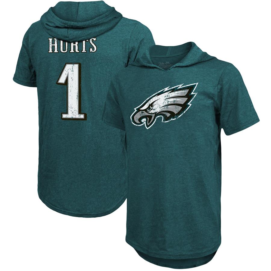 Jalen Hurts Philadelphia Eagles Majestic Threads Name & Number Tri-Blend Hoodie T-Shirt - Midnight Green