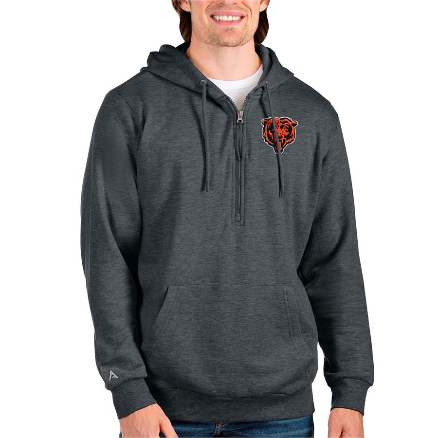 Chicago Bears Antigua Bear Head Action Quarter-Zip Pullover Hoodie - Heathered Charcoal