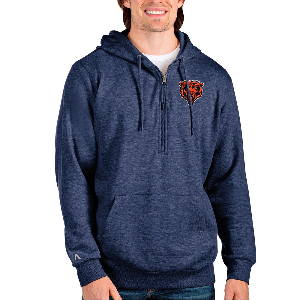 Chicago Bears Antigua Bear Head Action Quarter-Zip Pullover Hoodie - Heathered Navy