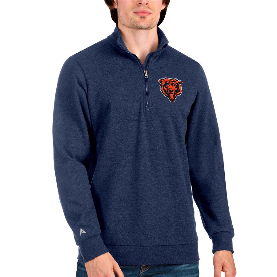 Chicago Bears Antigua Bear Head Action Quarter-Zip Pullover Sweatshirt - Heathered Navy