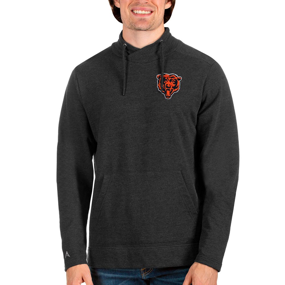 Chicago Bears Antigua Bear Head Reward Crossover Neckline Pullover Sweatshirt - Heathered Black