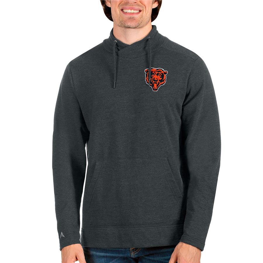 Chicago Bears Antigua Bear Head Reward Crossover Neckline Pullover Sweatshirt - Heathered Charcoal